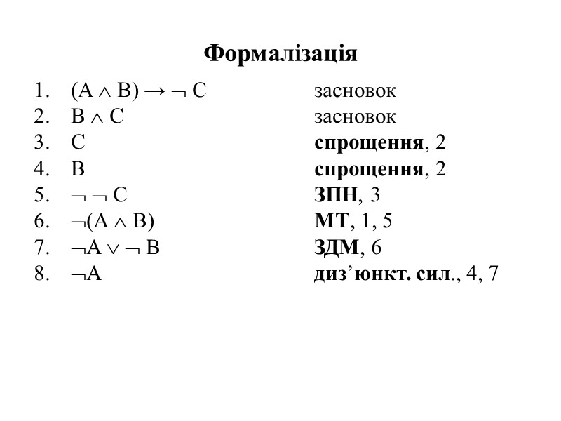 Формалізація (A  B) →  C  засновок В  C  